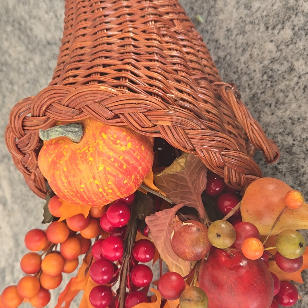 Thanksgiving Cornucopia Horn of Plenty Wicker Basket with Faux Flora - Picture 2 of 13